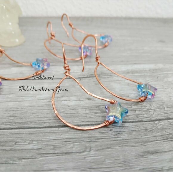 BOGO EARRINGS Upcycled Copper Star Beaded Crescent Moon Dangle Earrings, 2" - Picture 4 of 6